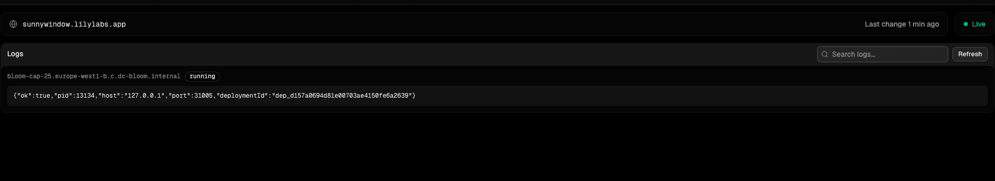 The logs tab showing output from the running app.