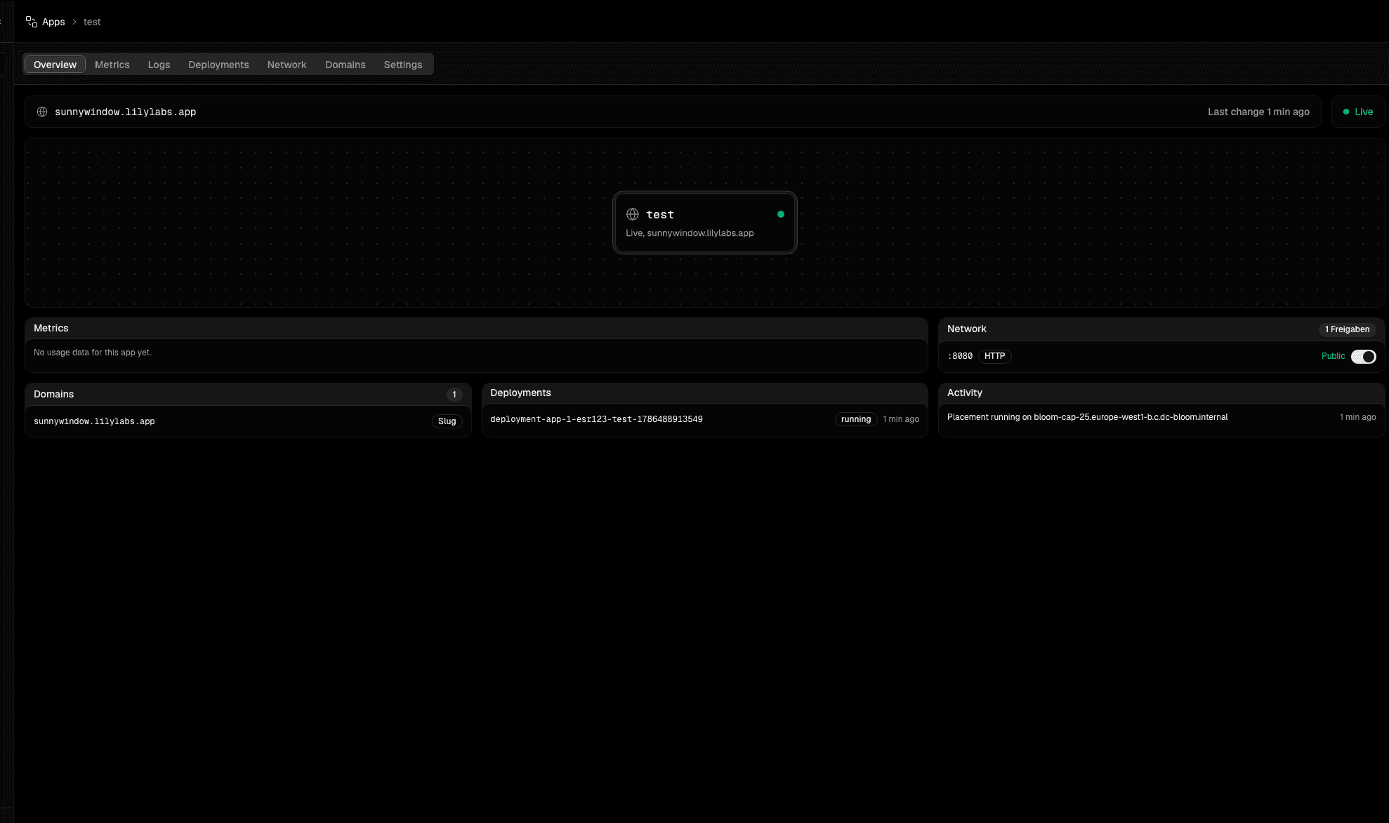 The overview tab of a live app, with metrics, network, domains, deployments and activity.