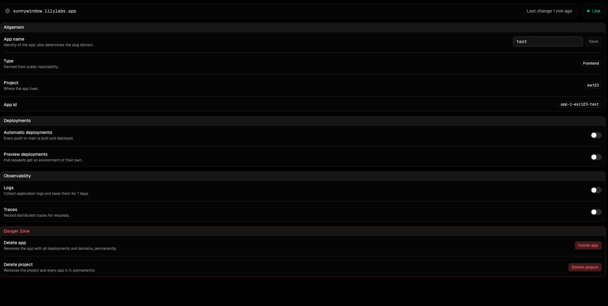 The settings tab with its general, deployments, observability and danger zone blocks.