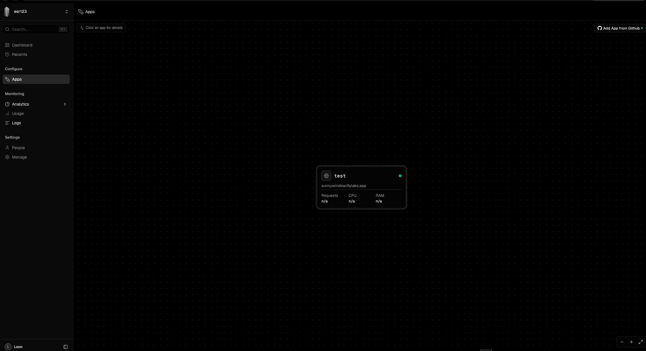 The editor canvas with a single deployed app and the project sidebar.