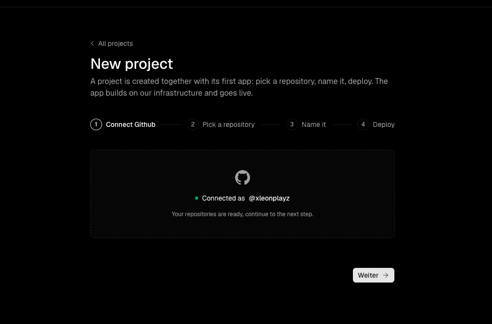Step one of the new project flow, showing the connected GitHub account.