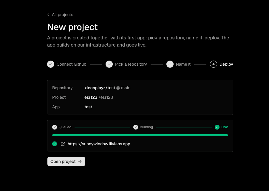 The finished deployment, live under its generated address.