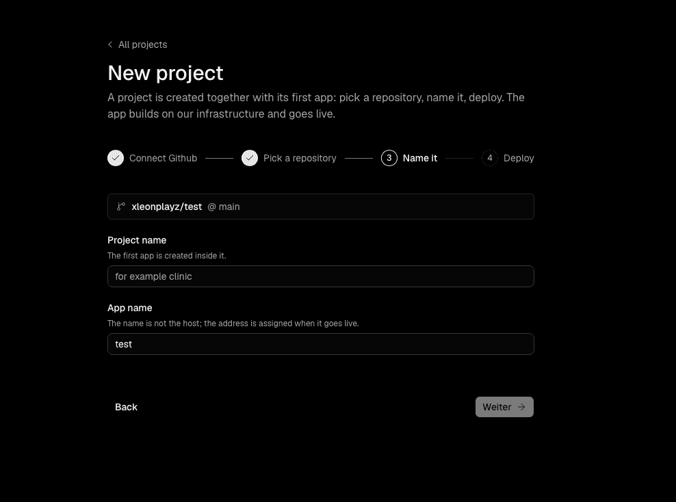 Step three, entering a project name and an app name.
