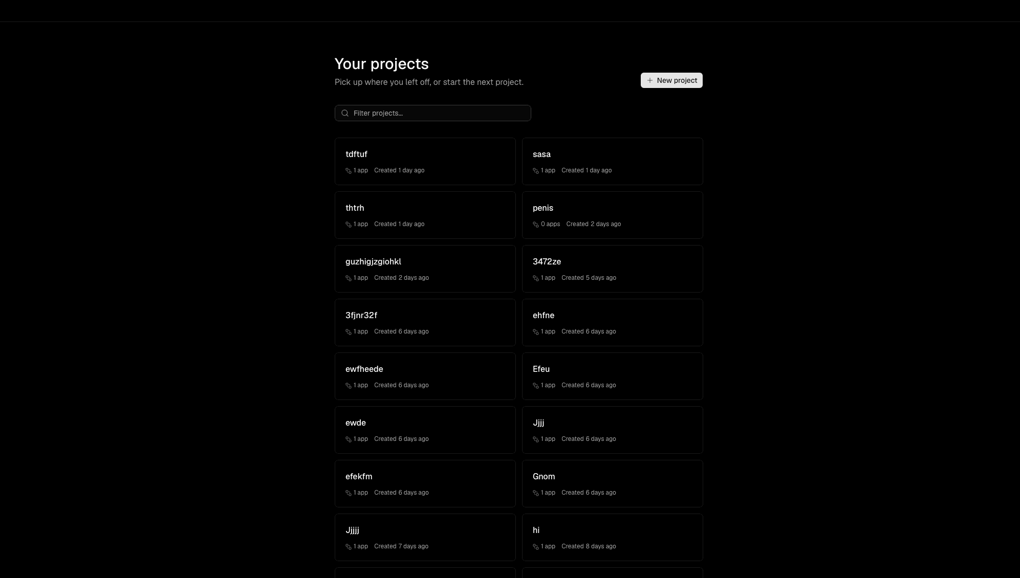 The project overview, listing every project with its app count and creation date.